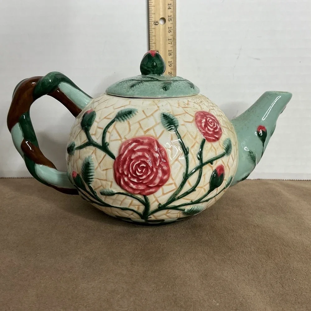 Flowers Inc Balloons Hand‎ Painted Ceramic Teapot Roses Green Aqua Brown Handle